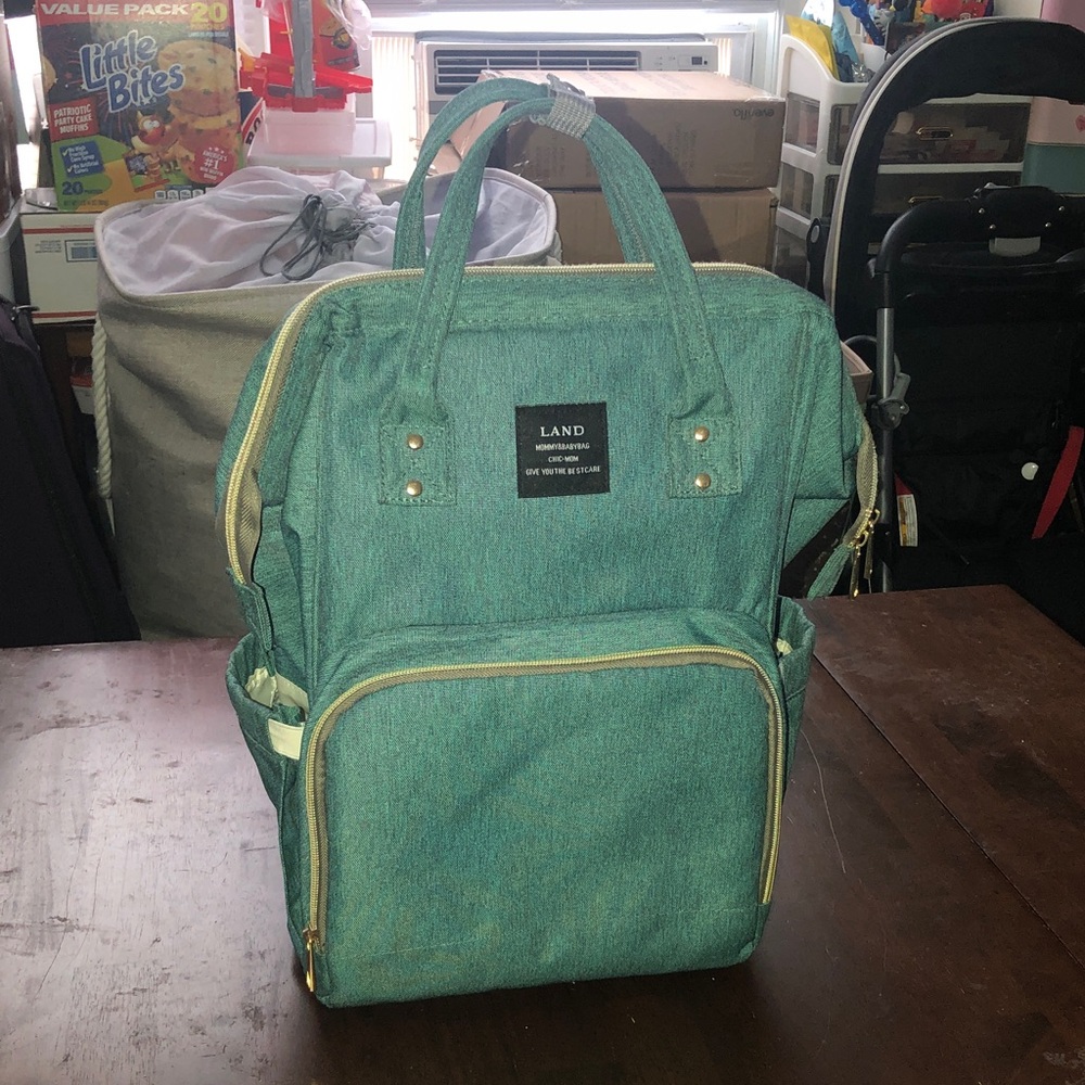 LAND Teal Green Baby Diaper Backpack with Gold Zippers